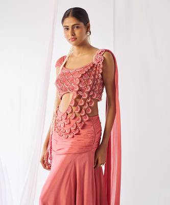 Rose pink embroidered chinon pre draped saree set 2
