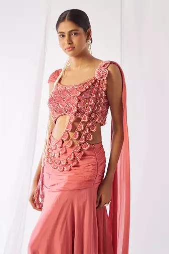 Rose pink embroidered chinon pre draped saree set