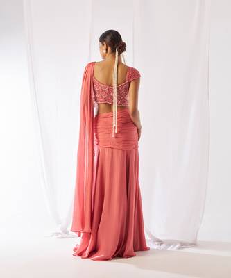 Rose pink embroidered chinon pre draped saree set 3