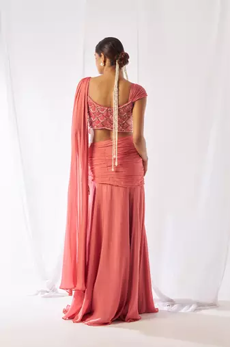 Rose pink embroidered chinon pre draped saree set