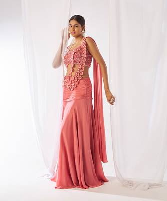 Rose pink embroidered chinon pre draped saree set 4