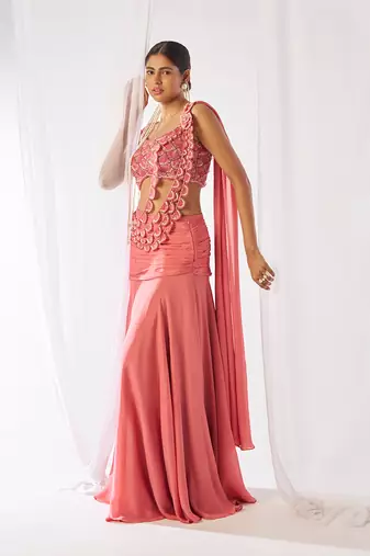 Rose pink embroidered chinon pre draped saree set