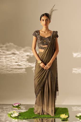 Muted olive green embroidered shimmer crepe pre draped saree set