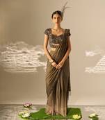 Muted olive green embroidered shimmer crepe pre draped saree set
