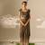 Muted olive green embroidered shimmer crepe pre draped saree set