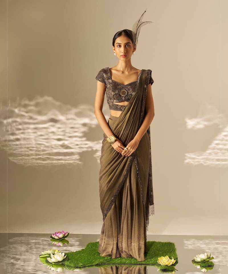 Muted olive green embroidered shimmer crepe pre draped saree set
