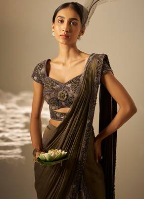 Muted olive green embroidered shimmer crepe pre draped saree set 2