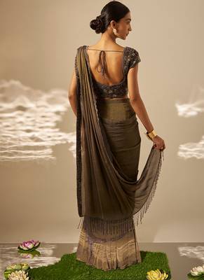 Muted olive green embroidered shimmer crepe pre draped saree set 3