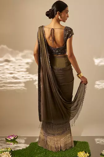Muted olive green embroidered shimmer crepe pre draped saree set