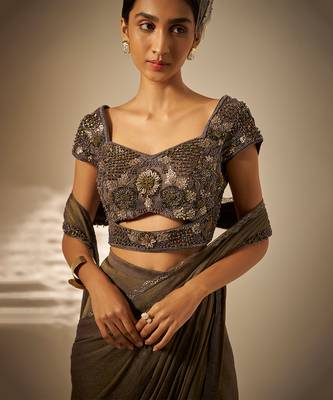 Muted olive green embroidered shimmer crepe pre draped saree set 4