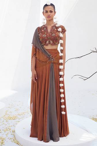 Rust brown embroidered shimmer crepe pre draped saree set