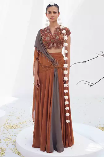 Rust brown embroidered shimmer crepe pre draped saree set