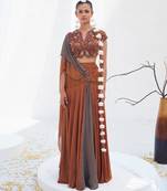 Rust brown embroidered shimmer crepe pre draped saree set