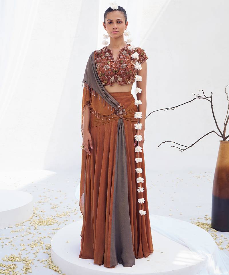 Rust brown embroidered shimmer crepe pre draped saree set