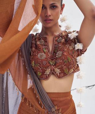 Rust brown embroidered shimmer crepe pre draped saree set 2