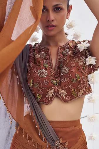 Rust brown embroidered shimmer crepe pre draped saree set