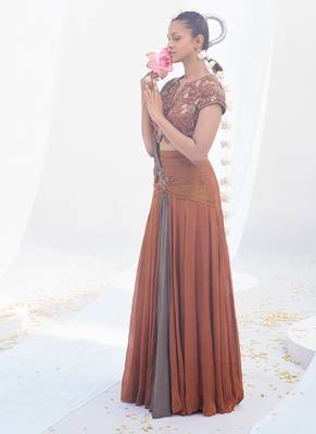 Rust brown embroidered shimmer crepe pre draped saree set 3