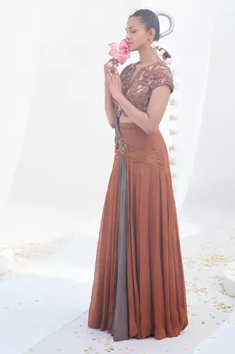 Rust brown embroidered shimmer crepe pre draped saree set