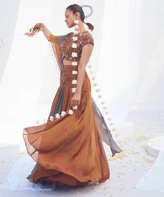 Rust brown embroidered shimmer crepe pre draped saree set 4