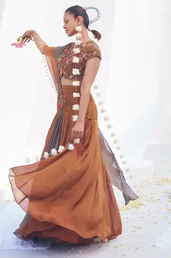 Rust brown embroidered shimmer crepe pre draped saree set