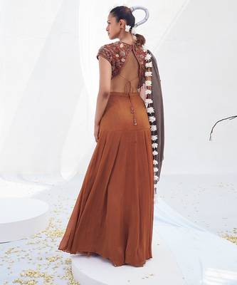 Rust brown embroidered shimmer crepe pre draped saree set 5