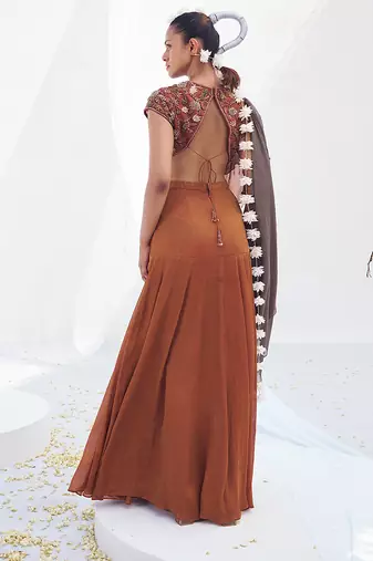 Rust brown embroidered shimmer crepe pre draped saree set