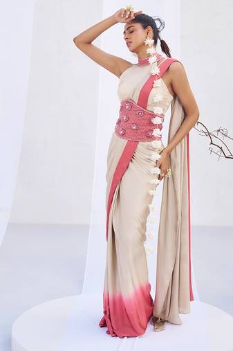 Ivory pink embroidered belt satin pre draped saree set