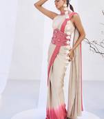Ivory pink embroidered belt satin pre draped saree set