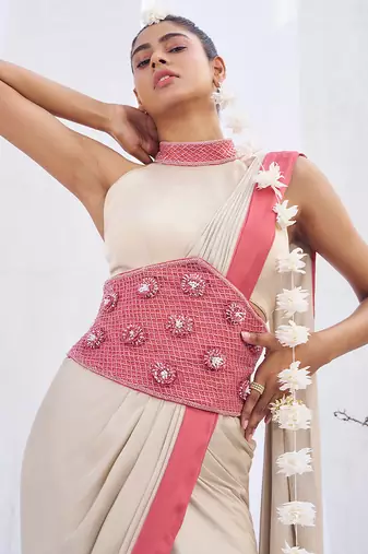 Ivory pink embroidered belt satin pre draped saree set