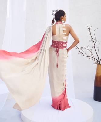 Ivory pink embroidered belt satin pre draped saree set 3