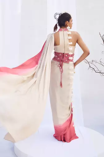 Ivory pink embroidered belt satin pre draped saree set