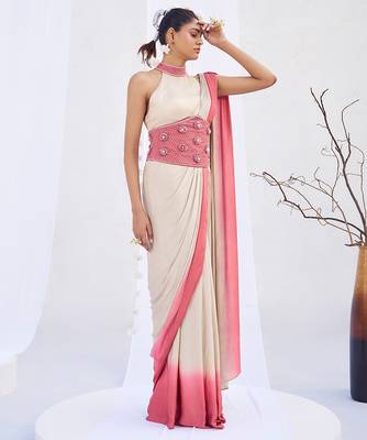 Ivory pink embroidered belt satin pre draped saree set 4