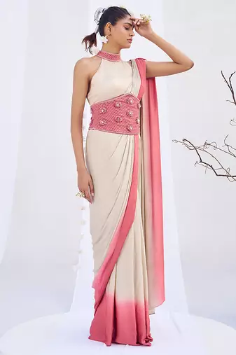 Ivory pink embroidered belt satin pre draped saree set
