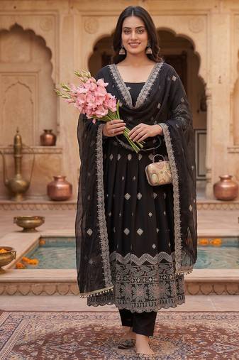 Premium black ethnic kurti with sharara and embellished dupatta set