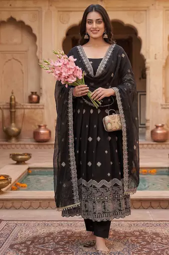 Premium black ethnic kurti with sharara and embellished dupatta set