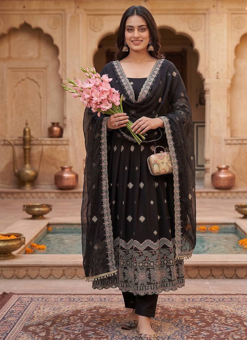 Premium black ethnic kurti with sharara and embellished dupatta set