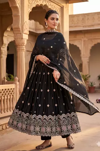 Premium black ethnic kurti with sharara and embellished dupatta set