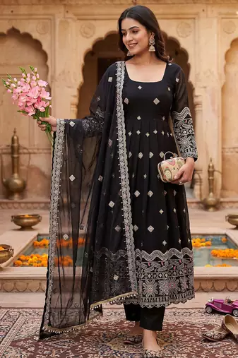 Premium black ethnic kurti with sharara and embellished dupatta set