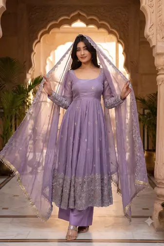 Designer lavender ethnic suit set with heavy embroidery and dupatta