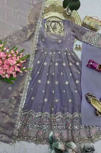 Designer lavender ethnic suit set with heavy embroidery and dupatta