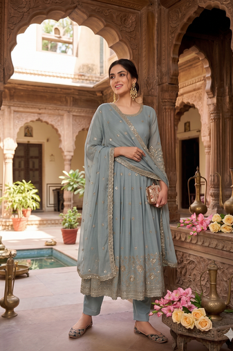 Elegant grey embroidered anarkali kurta set with mirror work dupatta