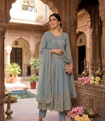 Elegant grey embroidered anarkali kurta set with mirror work dupatta