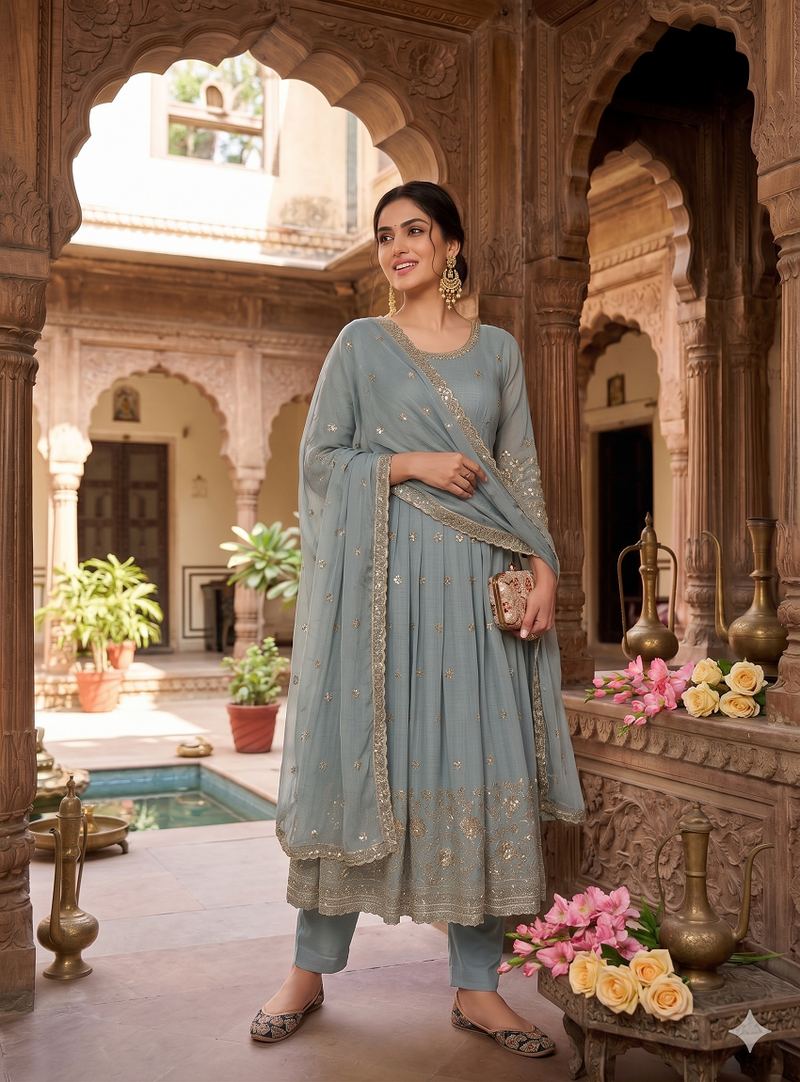Elegant grey embroidered anarkali kurta set with mirror work dupatta