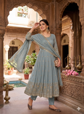  grey embroidered anarkali kurta set with mirror work dupatta 2