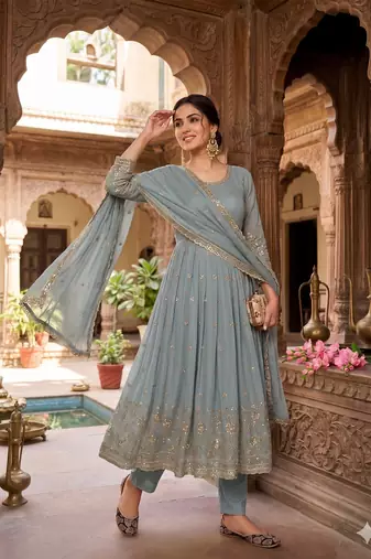 Elegant grey embroidered anarkali kurta set with mirror work dupatta