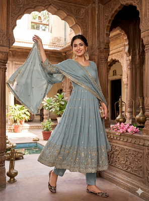  grey embroidered anarkali kurta set with mirror work dupatta 3