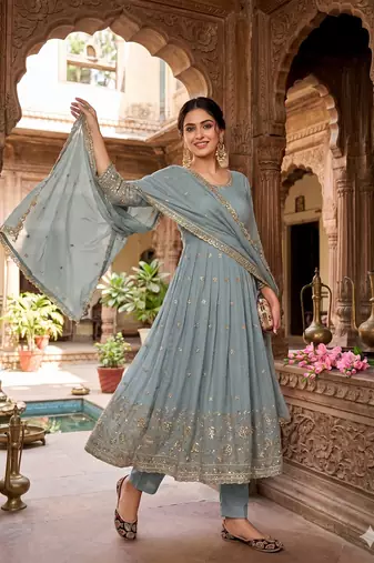 Elegant grey embroidered anarkali kurta set with mirror work dupatta