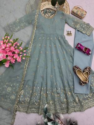  grey embroidered anarkali kurta set with mirror work dupatta 4