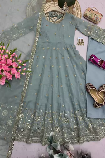 Elegant grey embroidered anarkali kurta set with mirror work dupatta