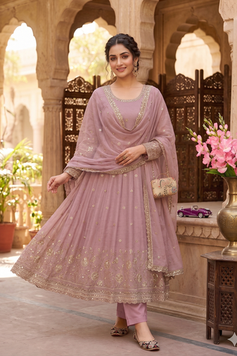 Elegant pink embroidered anarkali kurta set with mirror work dupatta